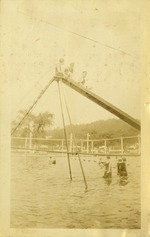 [1923] Lakeside - Eva, Helen, Patty; swimmers on top of pool slide