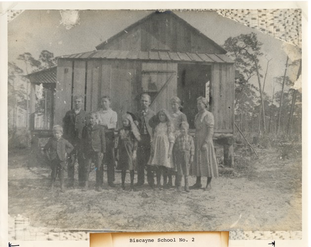 Sanstebo children and others posing outside Biscayne School No. 2 - 