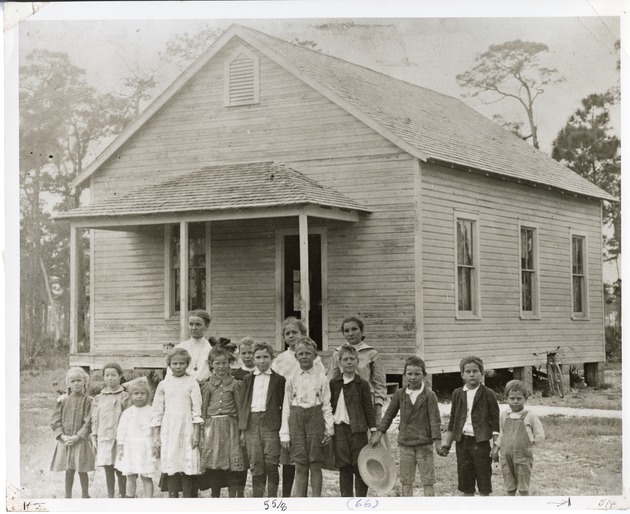 Group of students with teacher posing outside Biscayne School No. 3 - 