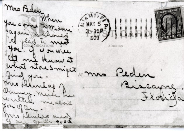 Postcard sent to Mrs. Mary Peden in 1909 - 