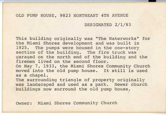 Miami Shores Community Church Old Pump House Historical information card
