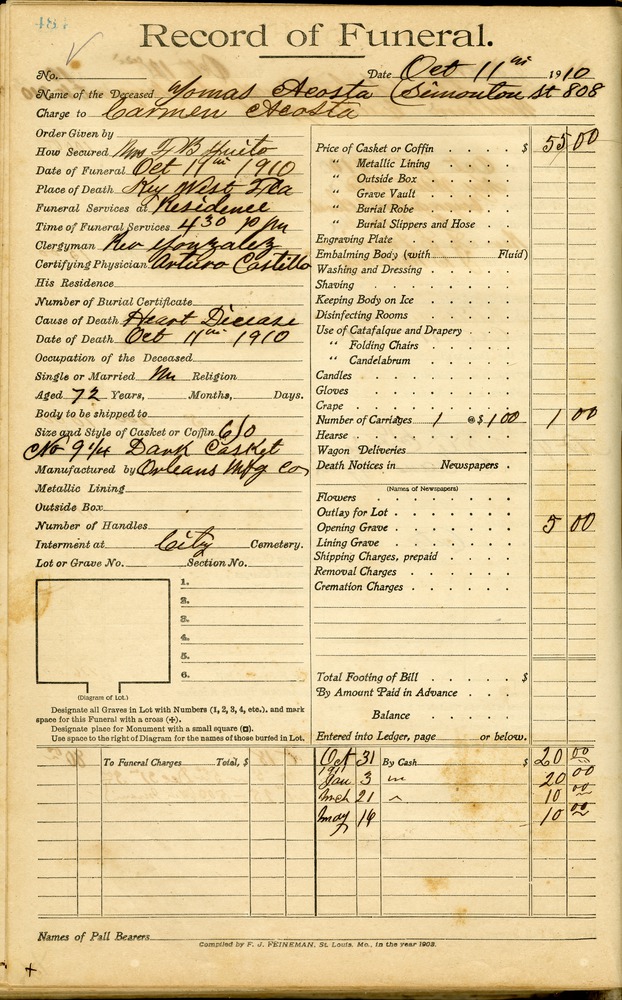 Funeral Record of Tomas Acosta
