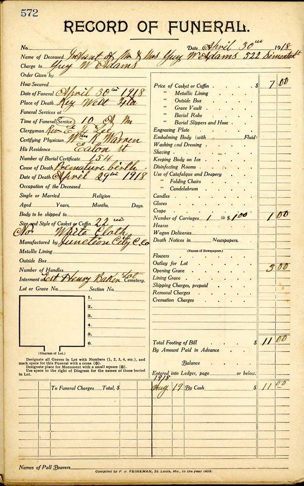 Funeral Record of the infant of the Adams Family of Key West