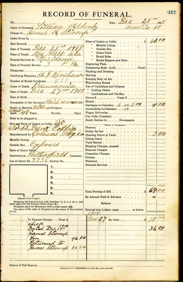 Funeral Record of Lillian Adderly