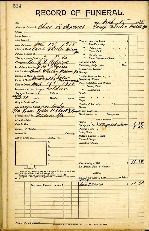 Funeral Record of Chas Agomas
