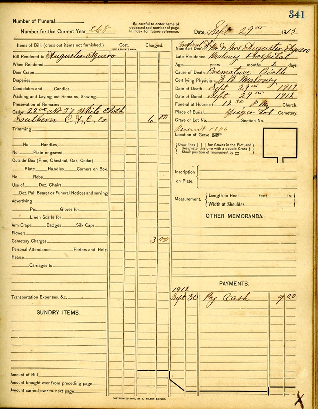 Funeral Record for the Infant of the Aguero Family