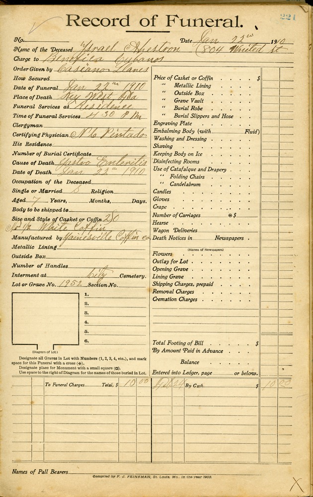 Funeral Record of Israel Ahestron