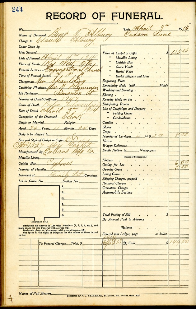 Funeral Record of Benjamin F. Albury