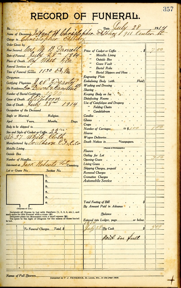 Funeral Record for the infant of the Albury family