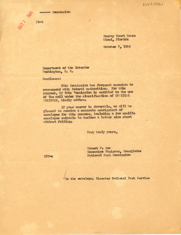 Ernest Coe asking for Official Business Classifications for the Everglades Commission