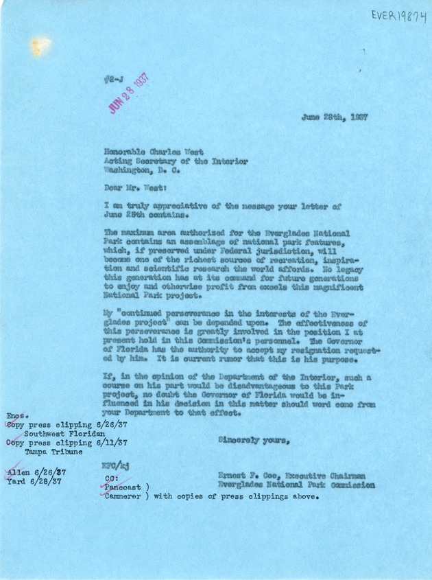Letter to Charles West in Regards to his Everglades Efforts