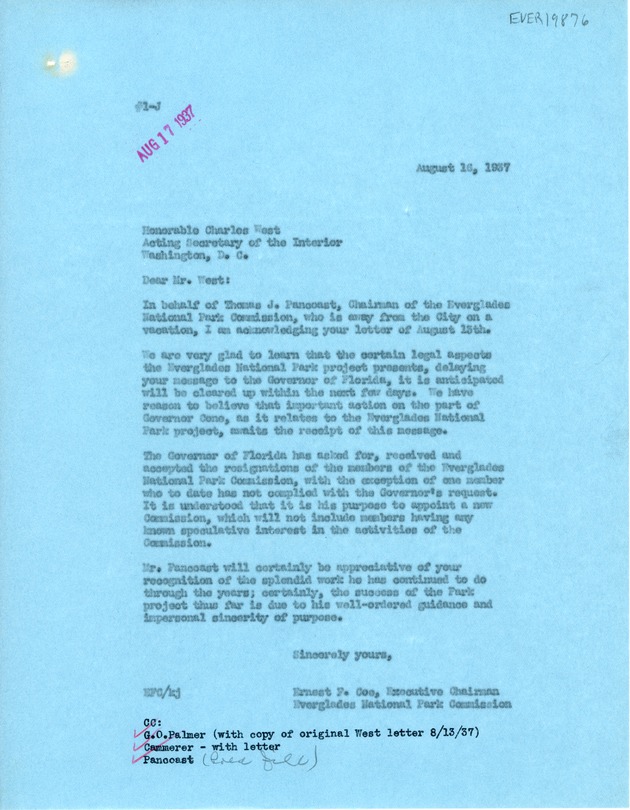 Letter to Charles West in Response to Delayed Park Boundaries