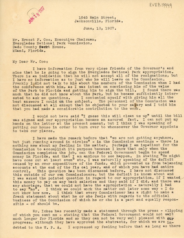 June 13th Letter to Ernest Coe from Mrs. W.S. Jennings (Page 1)