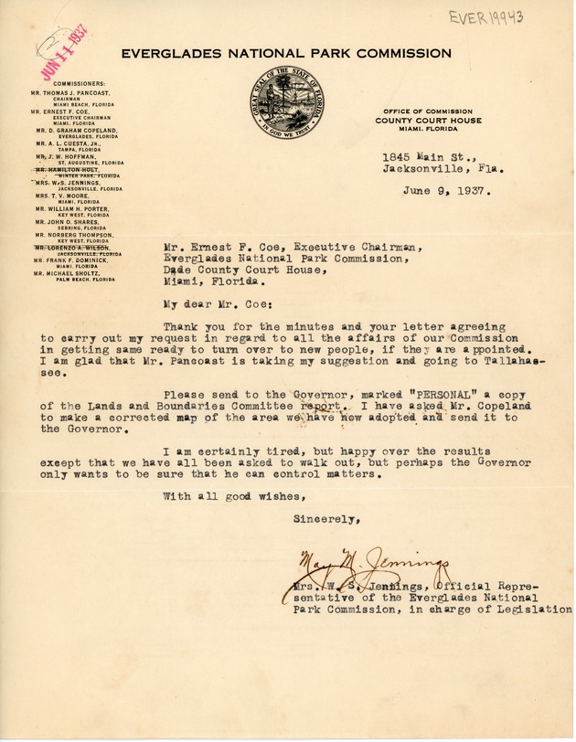 June 9th Response to Ernest Coe from Mrs. W.S. Jennings