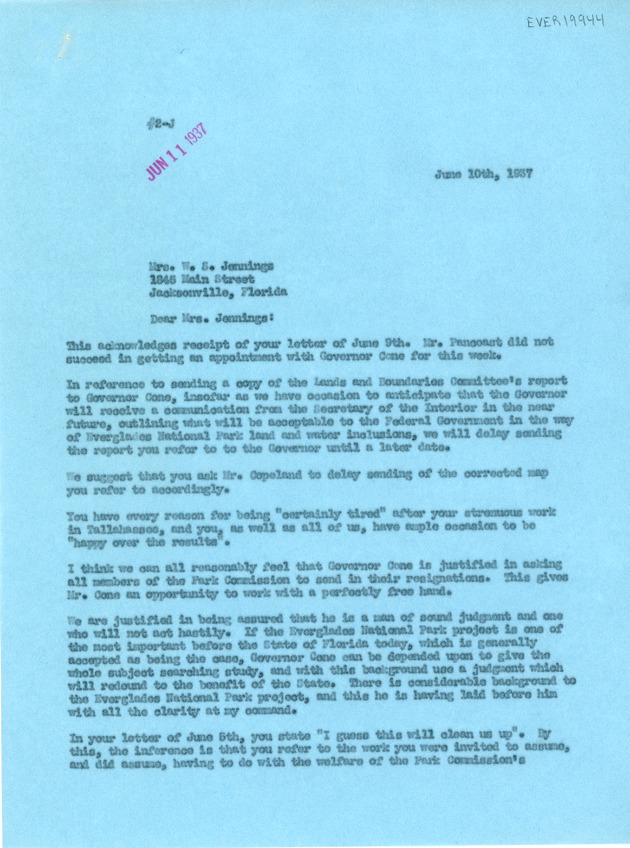 June 10th Response to Mrs. W.S. Jennings from Ernest Coe (Page 1)