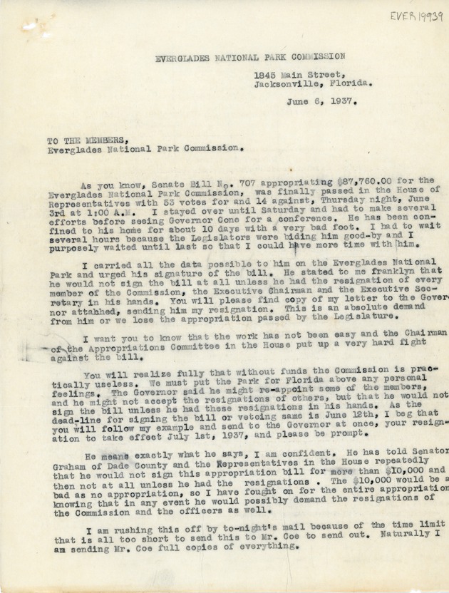 Letter from Mrs. W.S. Jennings to the Everglades National Park Commission (Page 1)