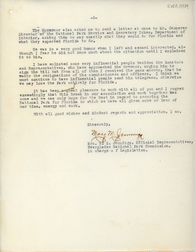 Letter from Mrs. W.S. Jennings to the Everglades National Park Commission (Page 2)