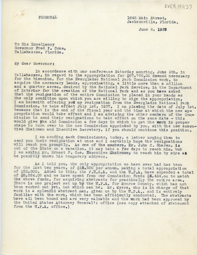 June 6th letter from Mrs. W.S. Jennings to Governor Cone (Page 1)