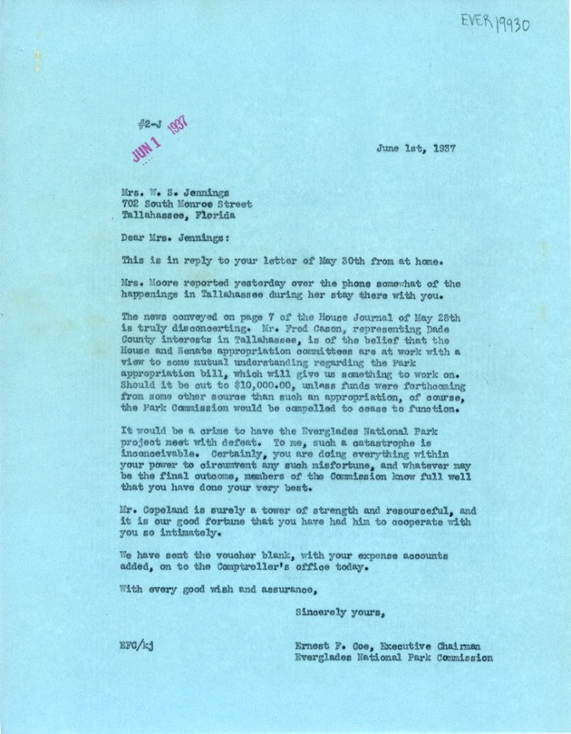 June 1st letter from Ernest F. Coe to Mrs. W.S. Jennings