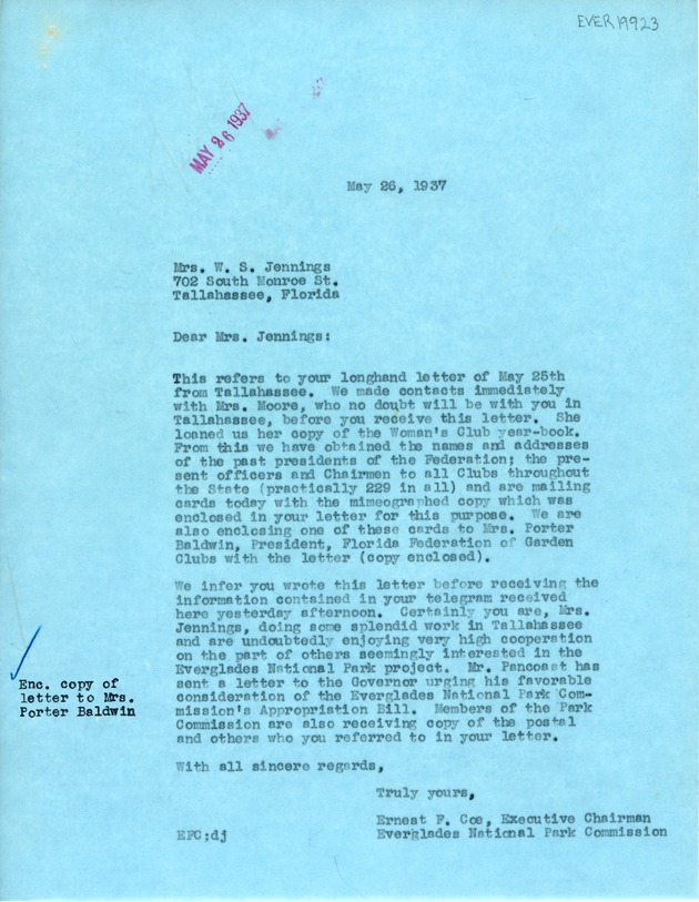 May 26th Letter from Ernest F. Coe to Mrs. W.S. Jennings