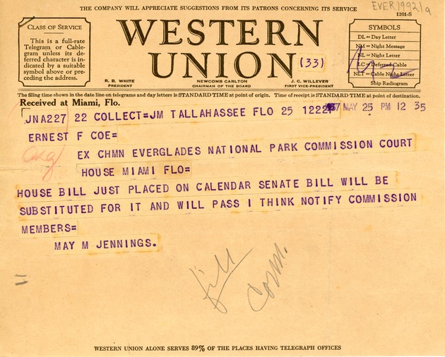 May 25th Telegraph from Mrs. W.S. Jennings to Ernest F. Coe