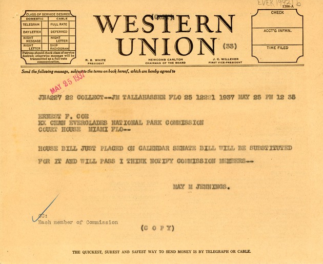 May 25th Telegraph from Mrs. W.S. Jennings to Ernest F. Coe (Front Copy)