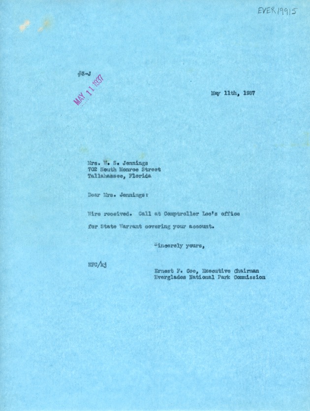 May 11th Confirmation Letter from Ernest F. Coe to Mrs. W.S. Jennings