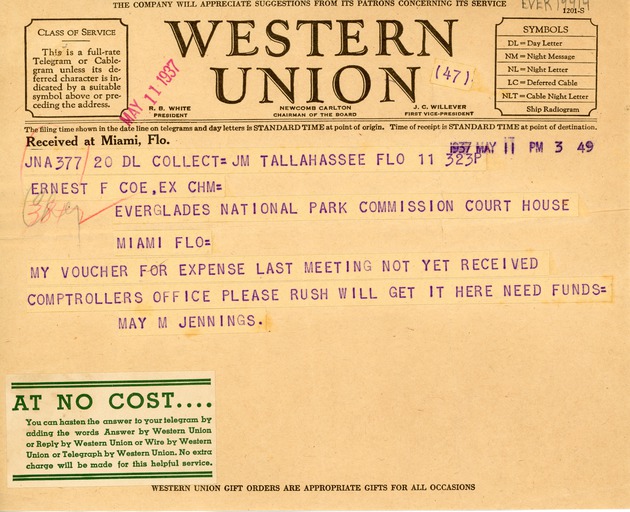May 11th telegraph from Mrs. W.S. Jennings to Ernest F. Coe