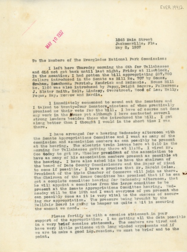 May 8th Letter to the Members of the Everglades National Park Commission (Page 1)