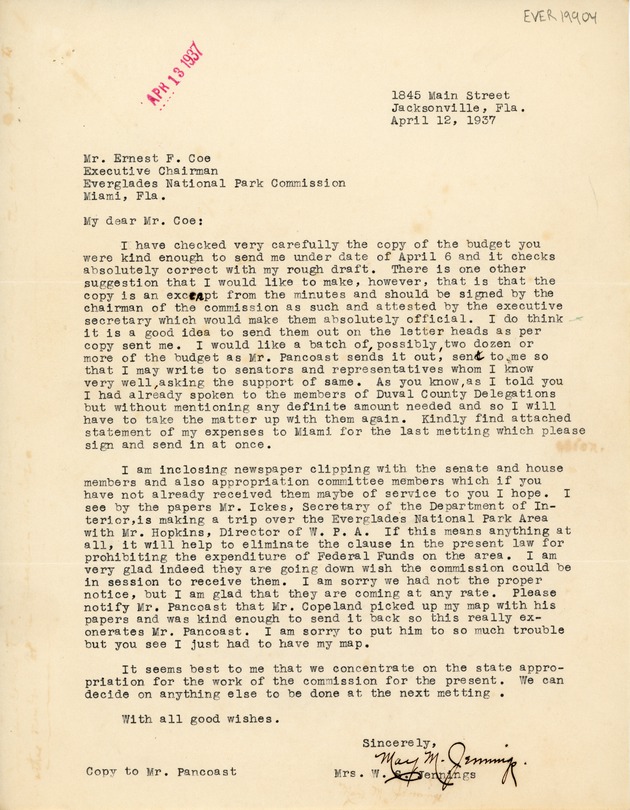 April 12th Letter to Ernest F. Coe from Mrs. W.S. Jennings
