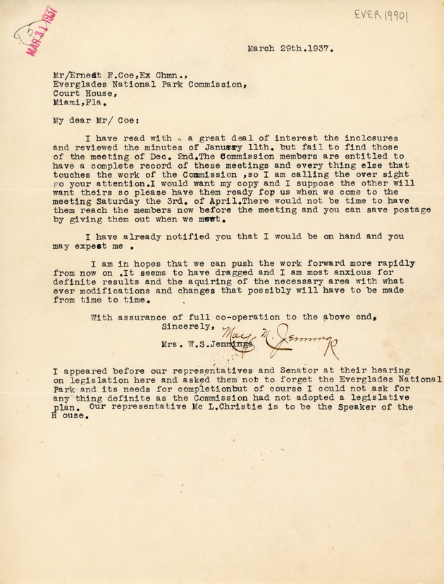 April 29th Letter to Ernest F. Coe from Mrs. W.S. Jennings