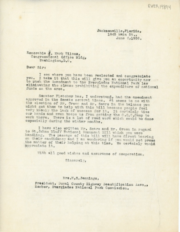Letter to Mark Wilcox from Mrs. W.S. Jennings