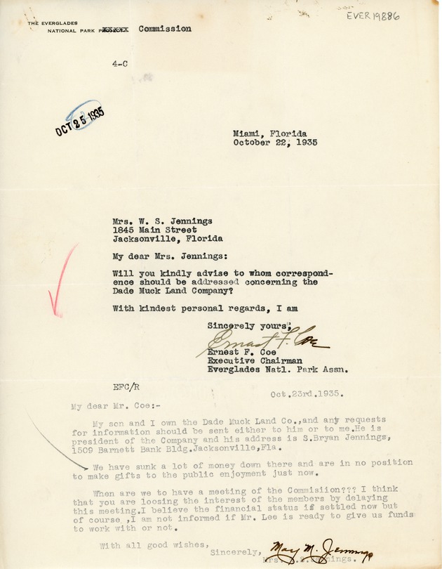 October 22-23 Correspondence from Ernest Coe and Mrs. Jennings