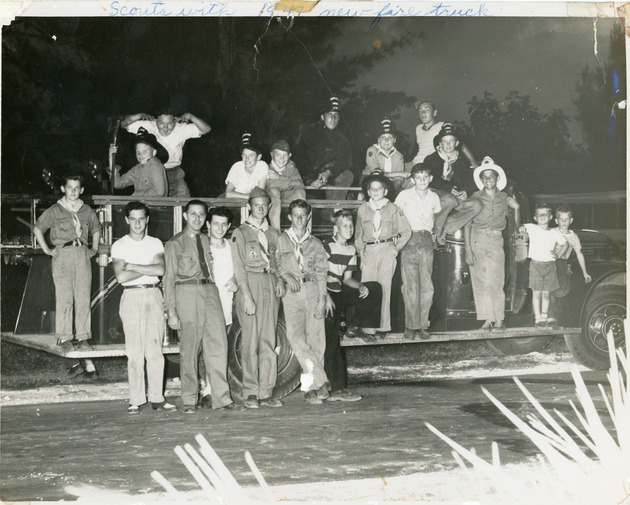 Boy Scouts posed on fire engine