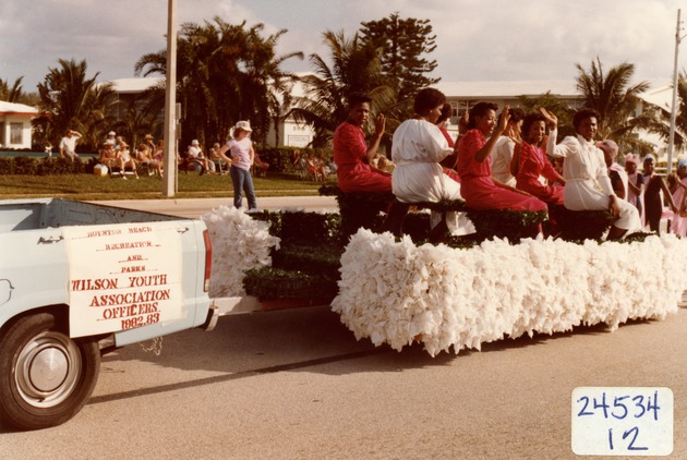 Women waving from a float in the Boynton Beach Florida holiday parade, 1982