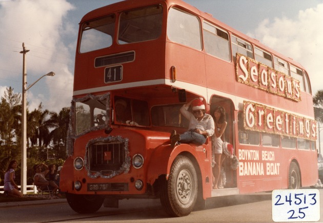 Banana Boat Red Double-decker Bus in the Boynton Beach Florida holiday parade, 1982