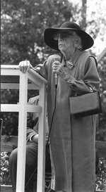 Marjory Stoneman Douglas delivering a speech at the dedication ceremony for the reconstruction of the Arch Creek natural bridge
