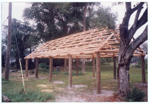 Poles and roof framing of large chickee completed