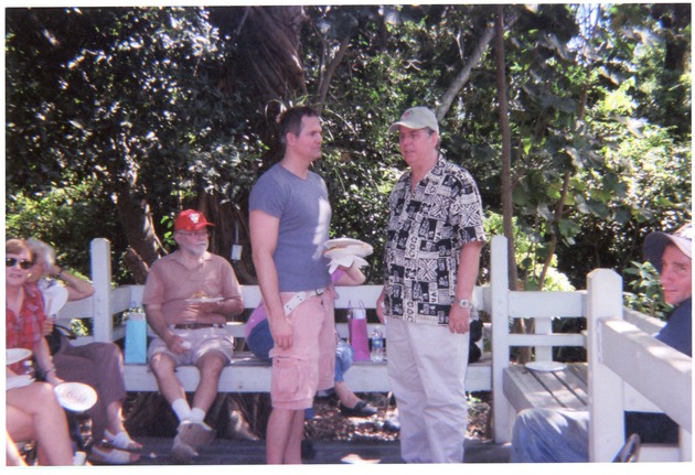 North Miami Councilman Scott Galvin and Robert Burr at Event on Porch of Museum Building at Arch Creek Park Celebrating National Park Day