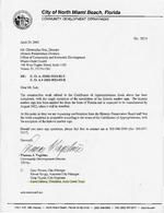 Letter from Thomas Vageline, City of North Miami Beach Community Development Director, to Christopher Eck, Director Miami-Dade County Historic Preservation Division, April 29, 2002