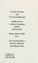 Invitation to celebrate Arch Creek Park Expansion, January 10, 1993