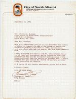 [1982-09-27] Letter from Lawrence Casey, North Miami City manager, to Rev. Charles L. Eastman, First Church of North Miami Congregational, September 27, 1982