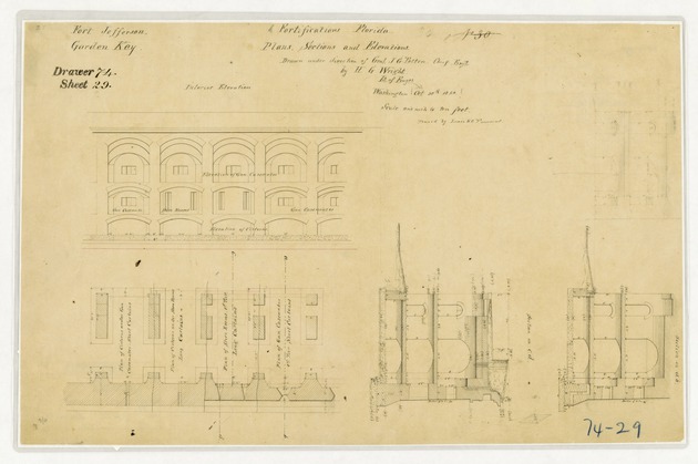 Sections and elevations of main drains and outlet