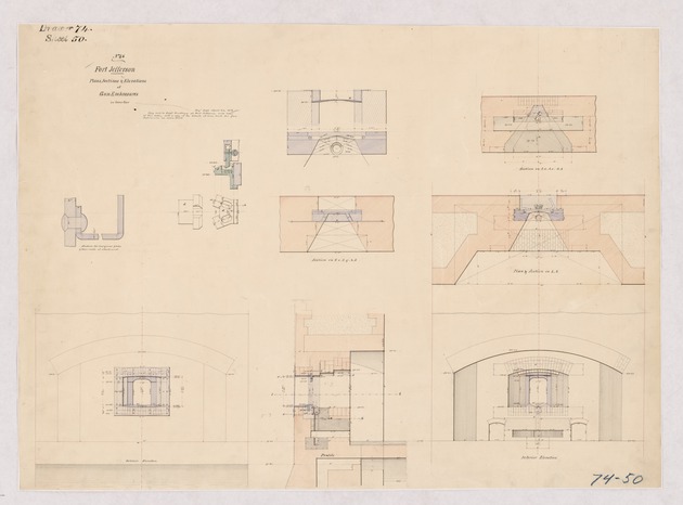 Plan and Sections of Roof-Drainage, Barbette Platform, and Bastions