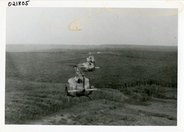 Helicopters fly over jungle