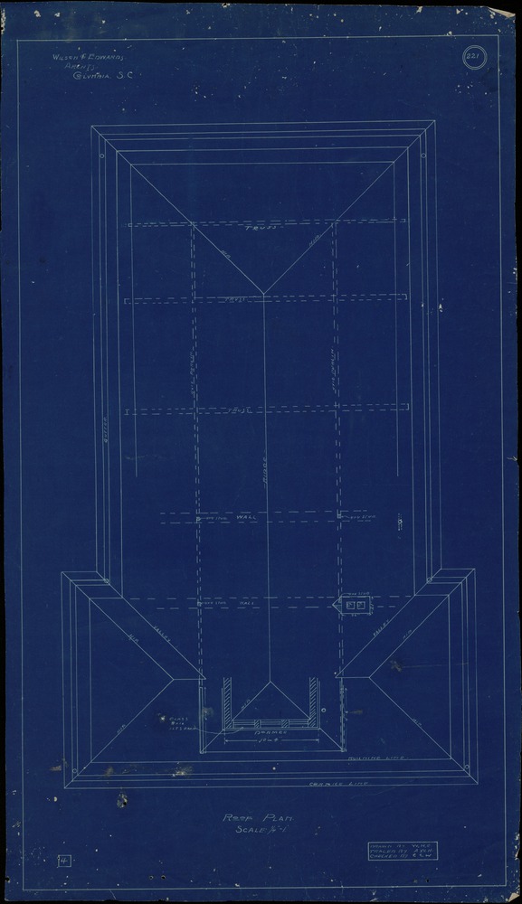 Blueprints showing plans for county jail project 221 pages 4, 5, 6, 7, 9, 10, and detail of stairs - 221 blueprint page 4