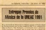 [01-01-1992] Entregan premios de musica de la UNEAC 1991
