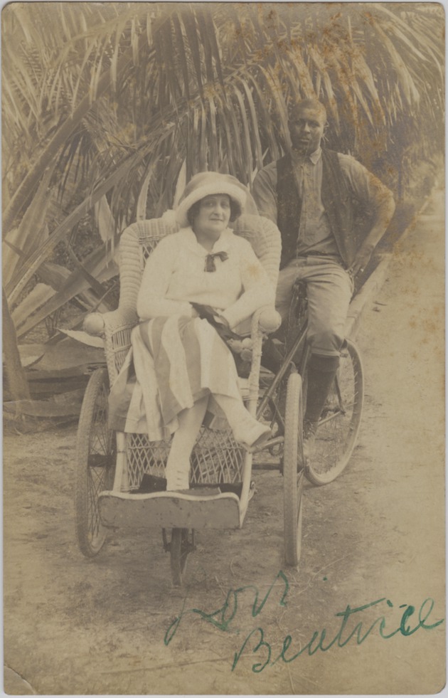 Postcard of Beatrice Zuccamanov seated in a cycle rickshaw - 