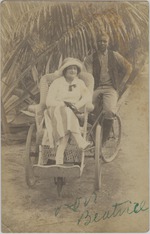 Postcard of Beatrice Zuccamanov seated in a cycle rickshaw