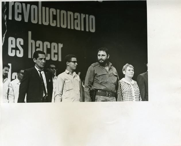 Francisco Prado, Gerardo Sanchez, Fidel Castro, and Haydee Santamaria (from left to right) at the Organization of Latin American Solidarity, Cuba 1 - 